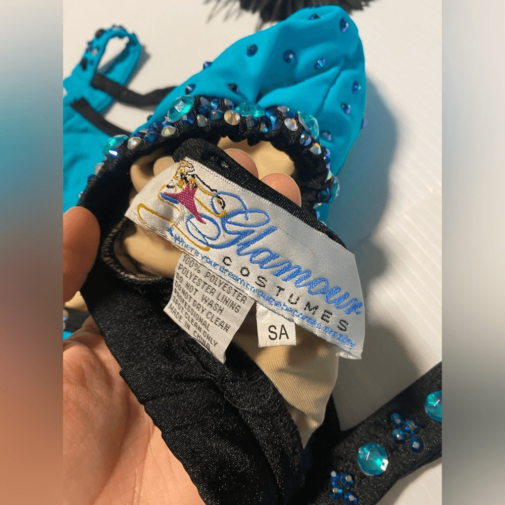 Glamour solo dance costume teal blue rhinestone fringe sassy SA-Small adult