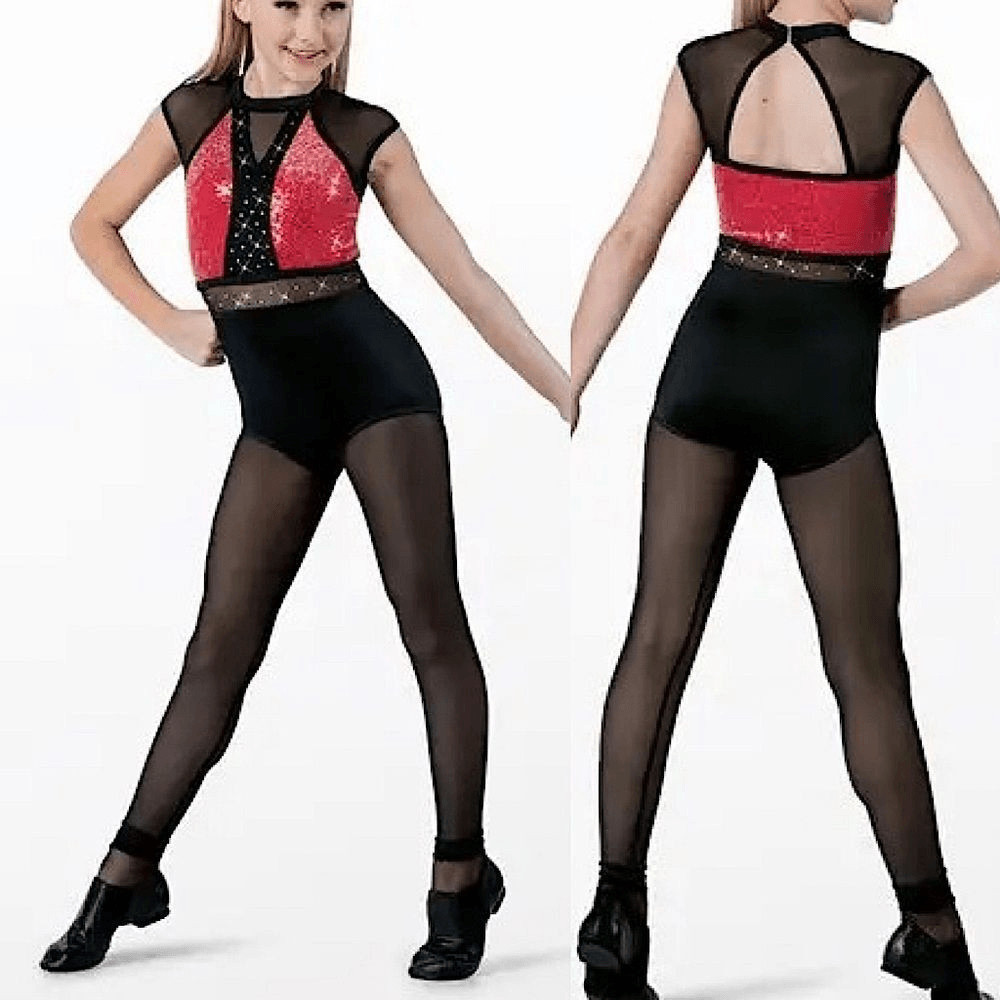 WEISSMAN Dance Costume unitard black red Cold Hearted Snake rhinestone 14693 MA