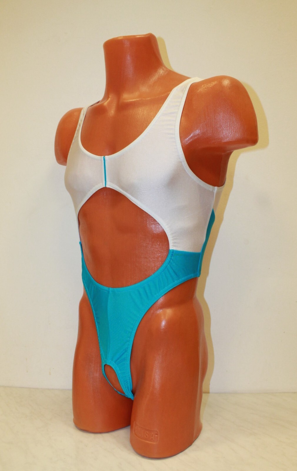 Men Thong Leotard 151-53 Hole Crotch Whiye and Blue Spandex Size M