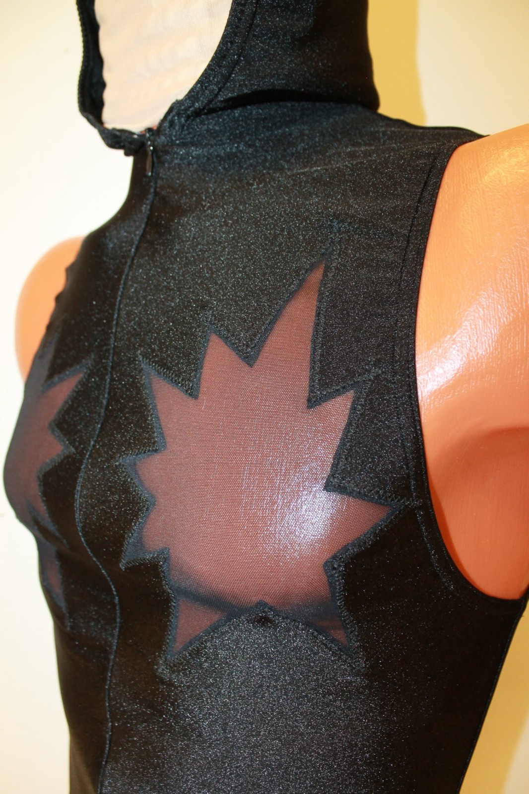 Men Thong Leotard 153-70 Hood Zipper Front Black Spandex and Black Mesh Size M