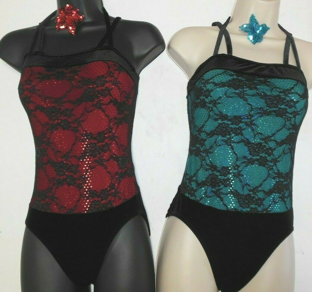 Lace over sequin Dance costume leotard Tap Jazz sparkle Velvet crisscross child