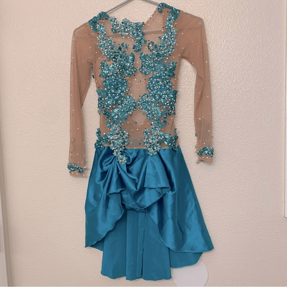 Custom solo dance costume leotard dress lyrical teal rhinestone embellished XSA