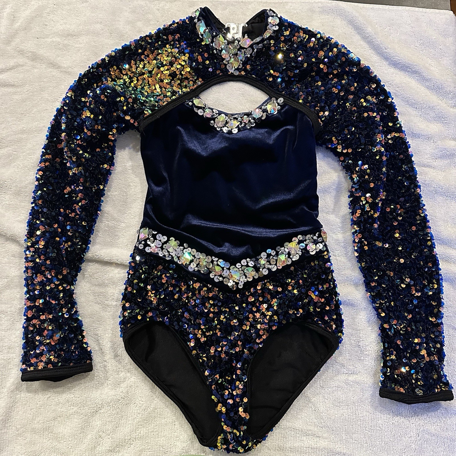Glamour Navy Blue Velvet Sequin Rhinestone Embellished Solo Dance Costume XSA