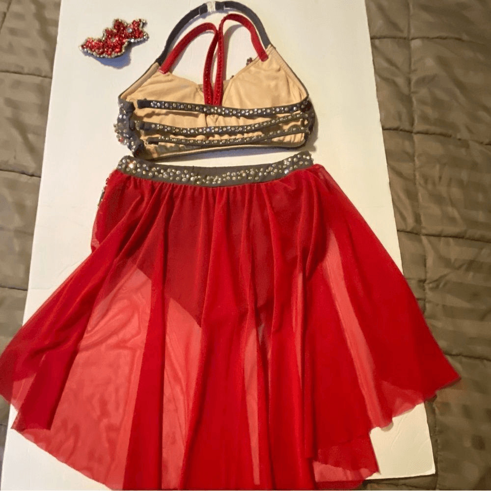 Glamour solo 2 piece dance costume red gray lyrical embellished bling XLC child