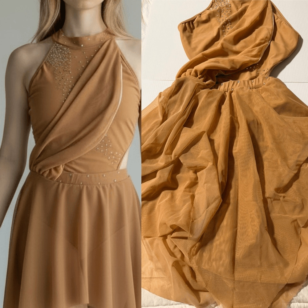 Tan custom solo Dance costume embellished asymmetrical Leotard dress SA adult