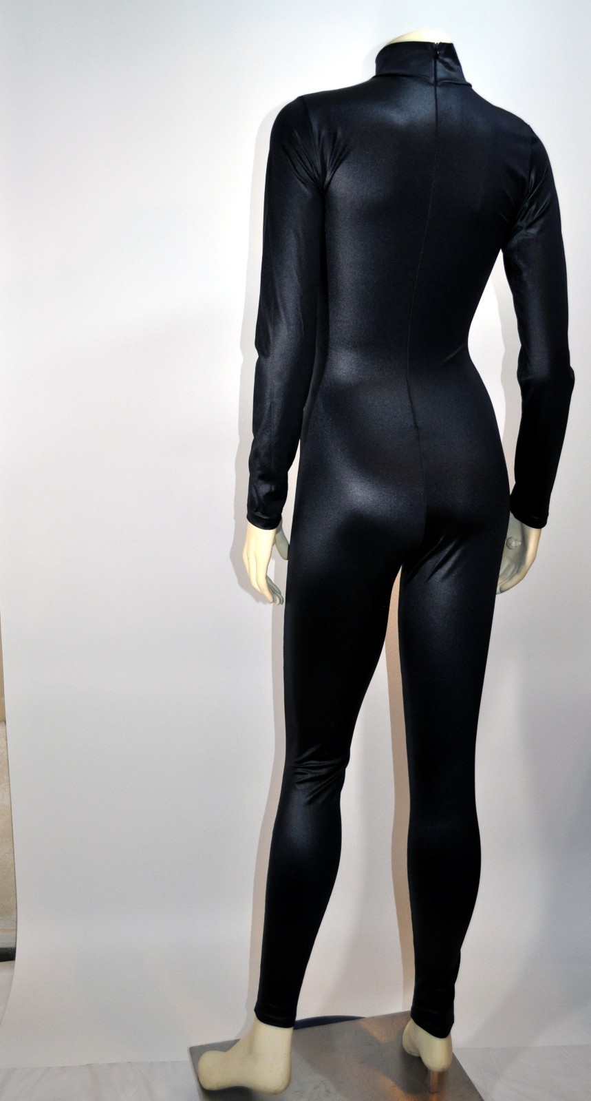 Skinz Black Long Sleeve Catsuit Body Suit Zip Back Mock Neck Costume Dance MED