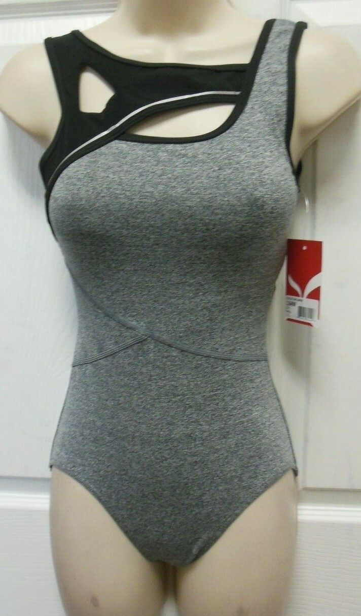 CAPEZIO Asymmetric geometric back StormySkies mesh insert tank leotard Ladies