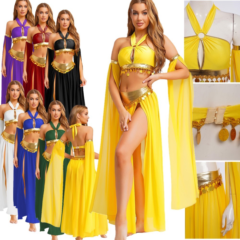 Womens Belly Dance Costume Set Sequins Hem Halter Tank Top Modern Dance Parties