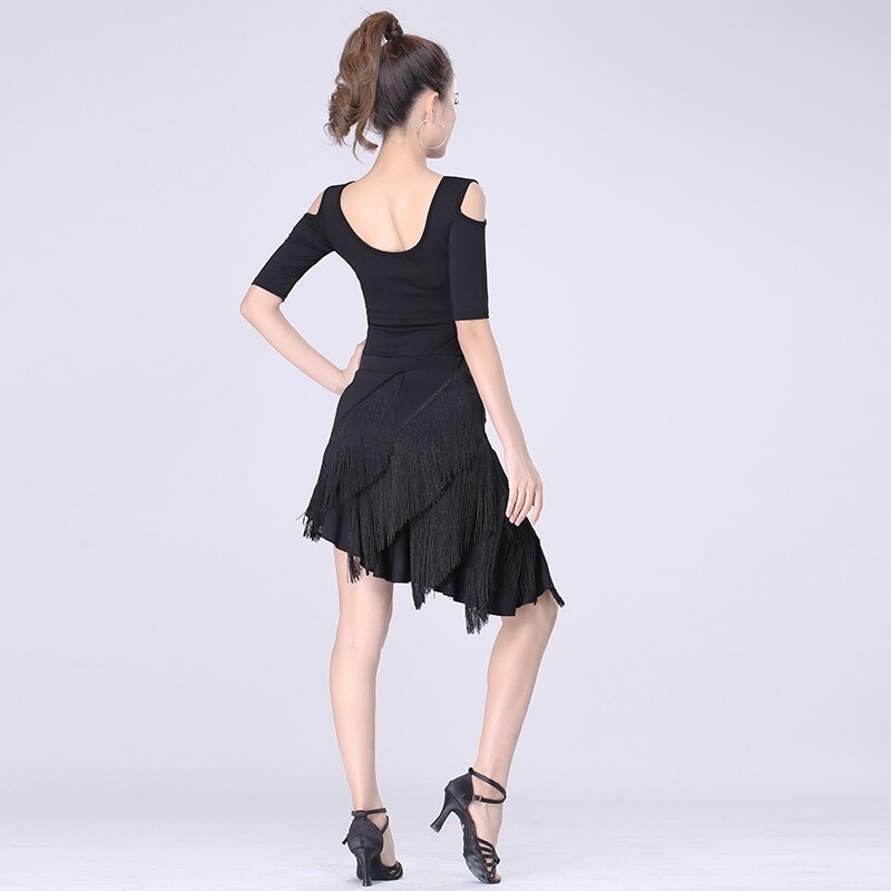 Women Latin Tango Dance Skirt Cha-cha Ballroom Dancewear Asymmetric Tassel