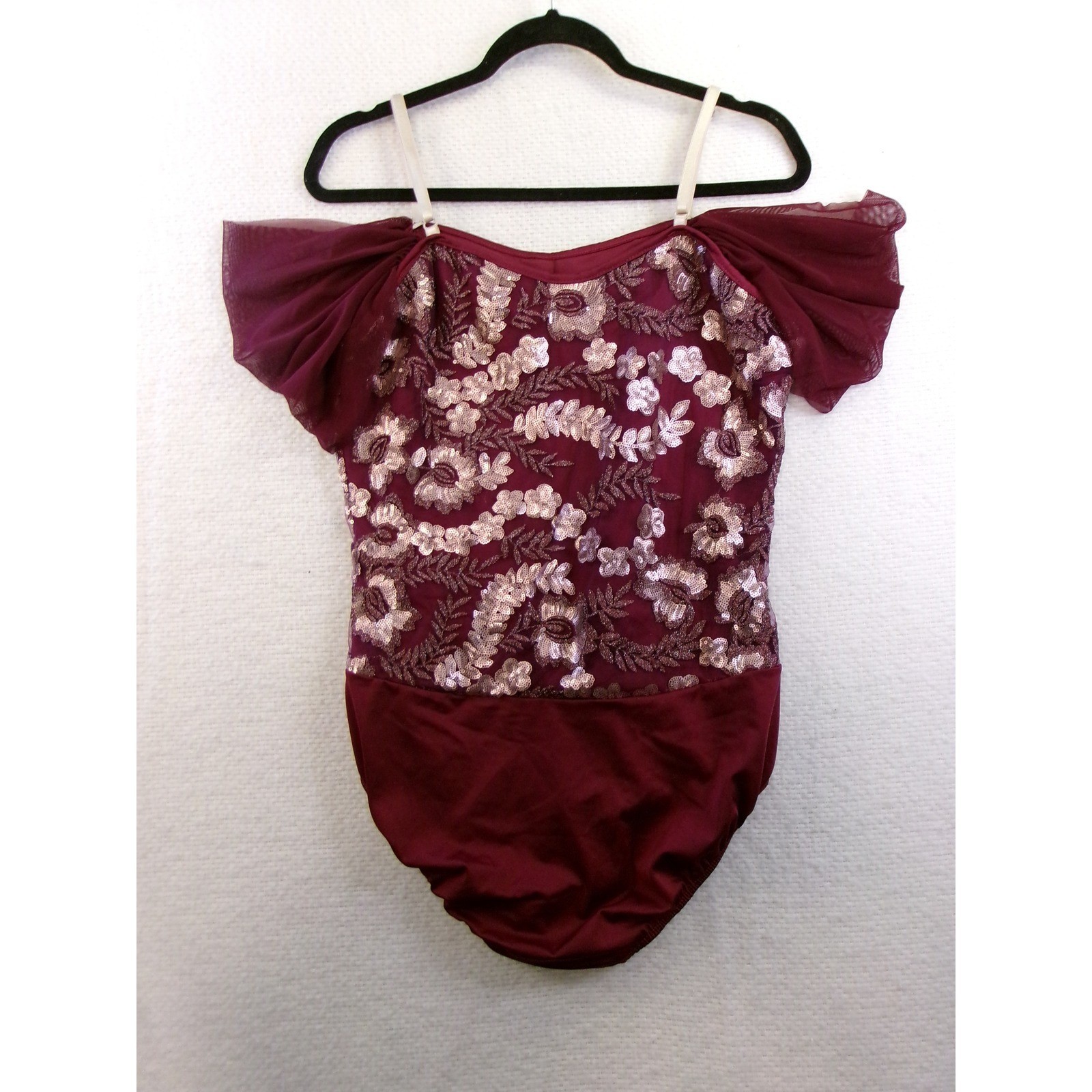 Dansco Fina Leotard Women Large Burgundy Sequin Floral Off Shoulder