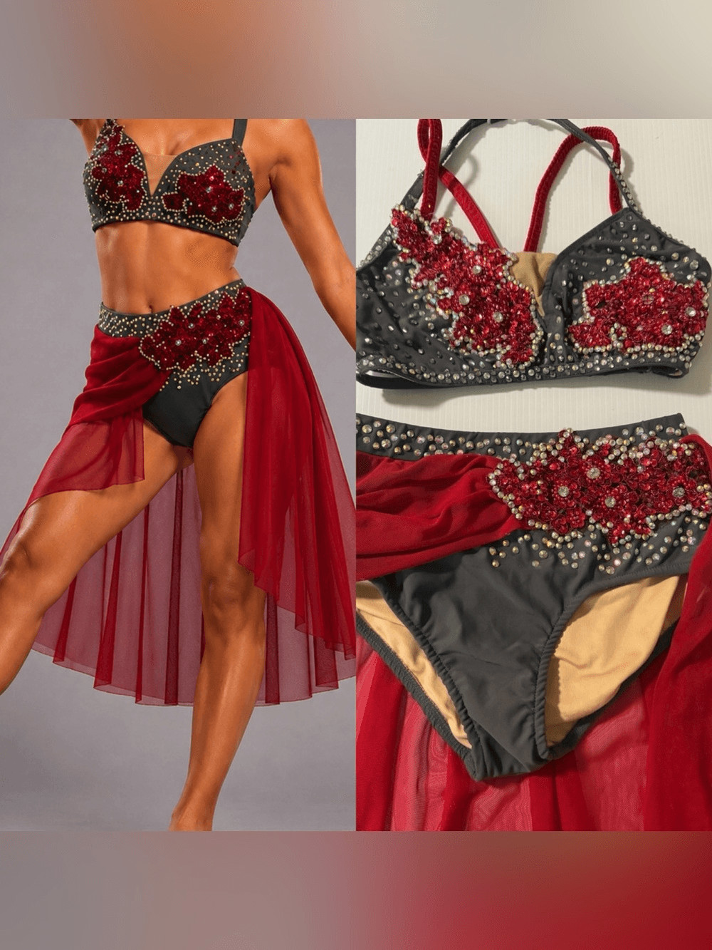 Glamour solo 2 piece dance costume red gray lyrical embellished bling XSA adult