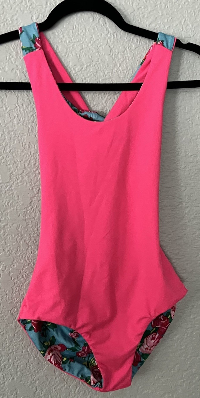 Betsey Johnson Capezio strappy back Reversible leotard Blue Floral / Pink Large