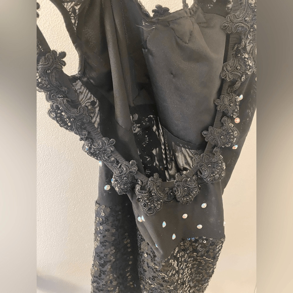 Glamour solo dance costume black mesh biketard bling bedazzled MA adult