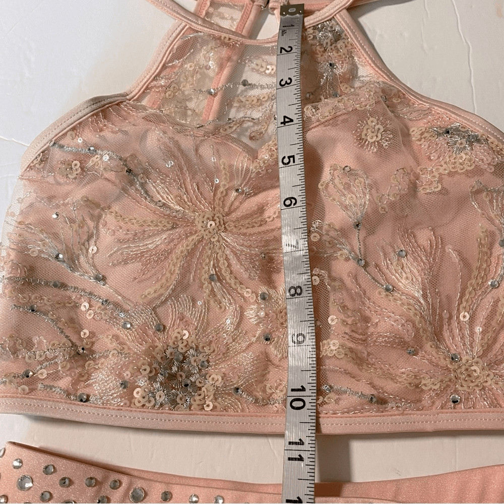 Solo glamorous dance costume leotard 2 piece pink embroidered lace rhinestone LC