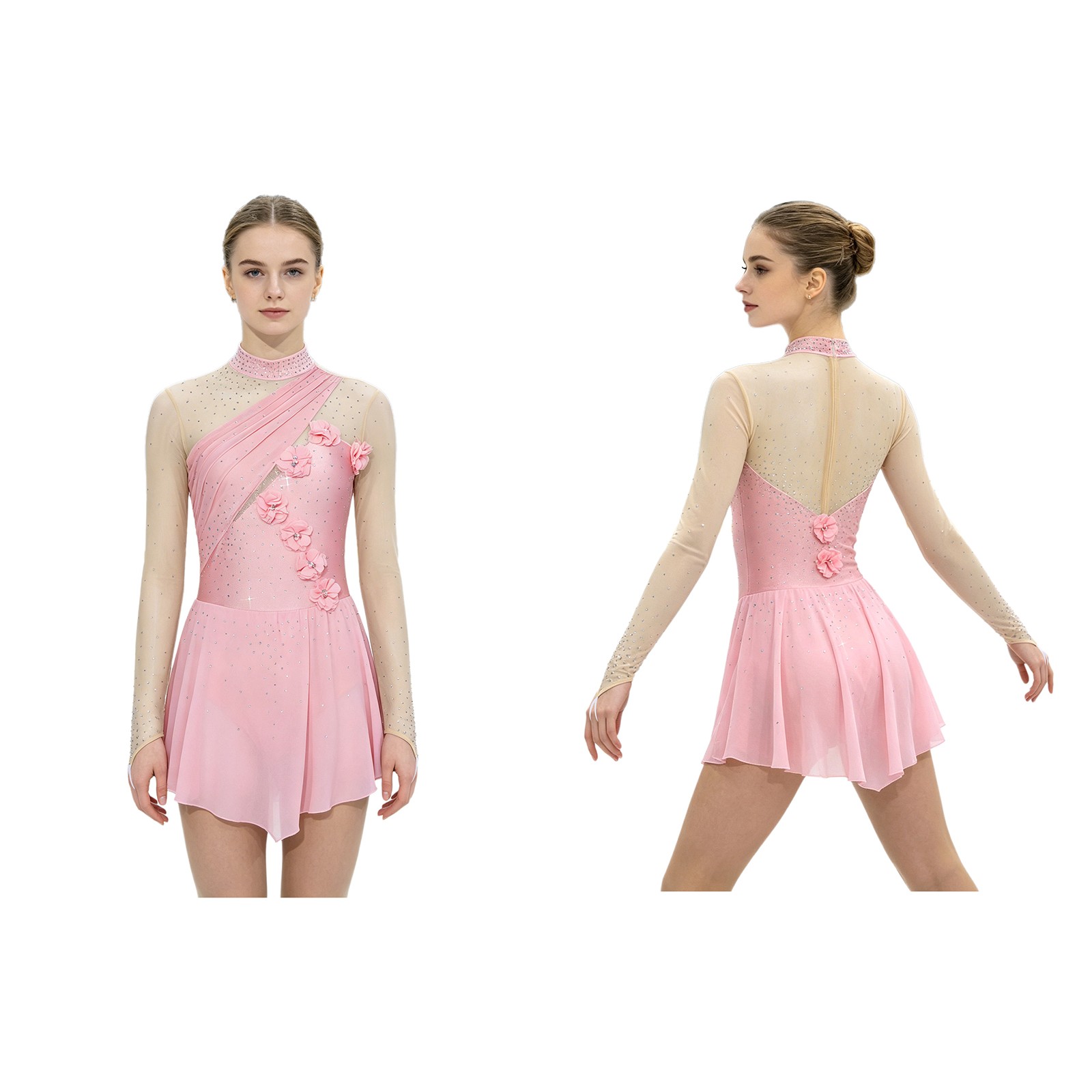 Womens Dancewear Latin Bodysuit Ballroom Dress Modern Rhinestones Chiffon Hem