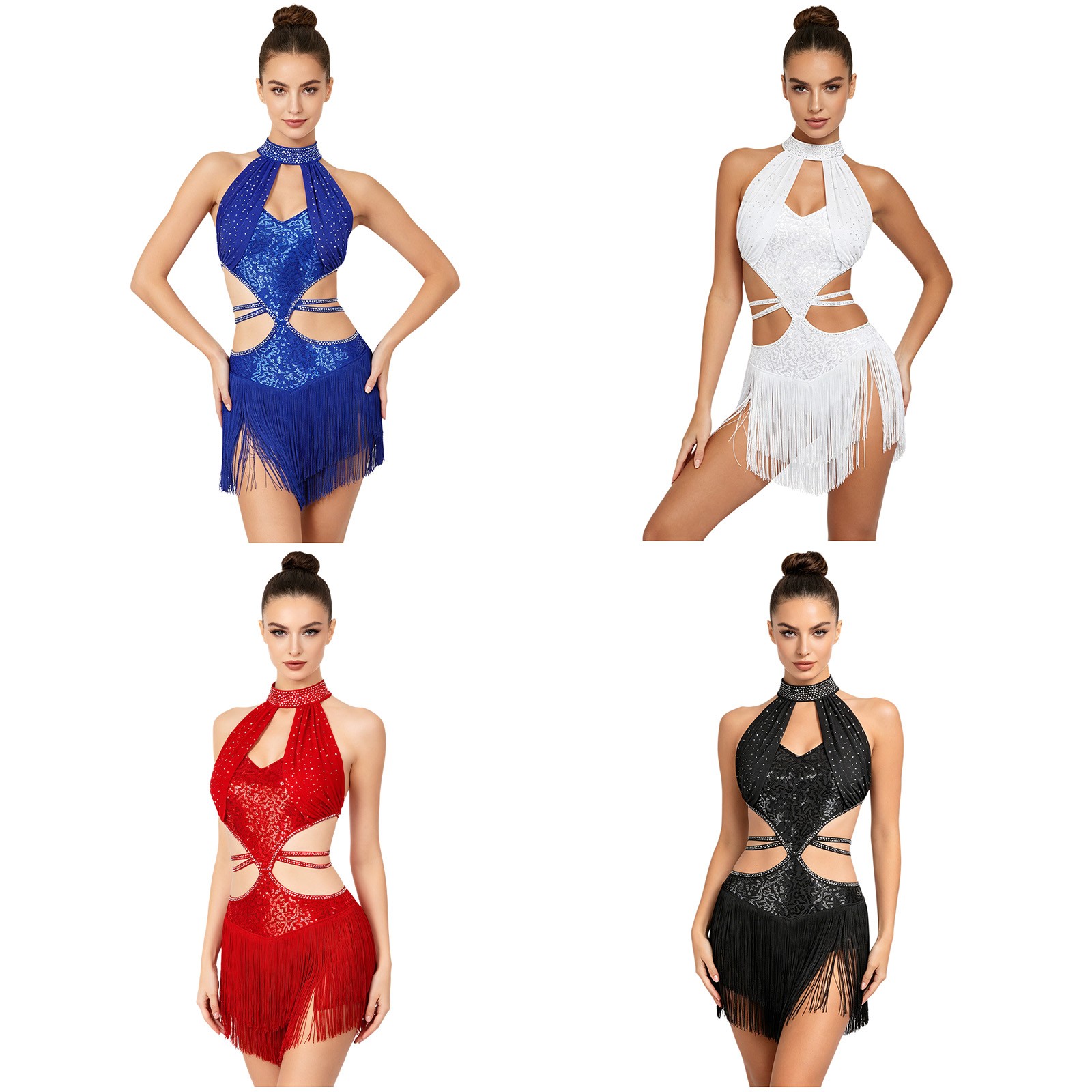 US Womens Bodysuit Fringe Dress Party Leotard Dresses Latin Performance Dance