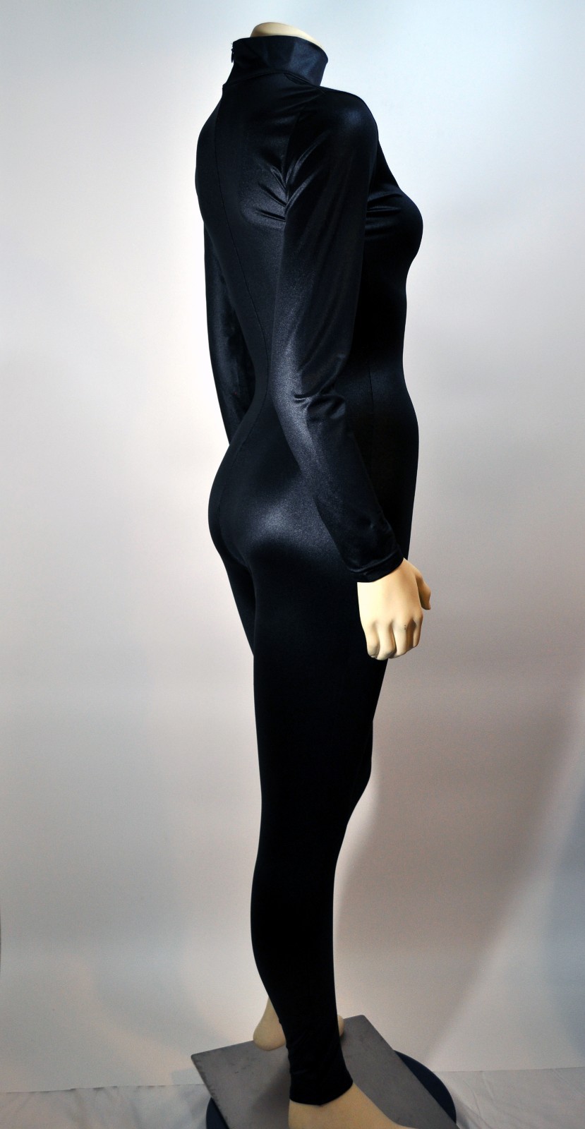 Skinz Black Long Sleeve Catsuit Body Suit Zip Back Mock Neck Costume Dance MED
