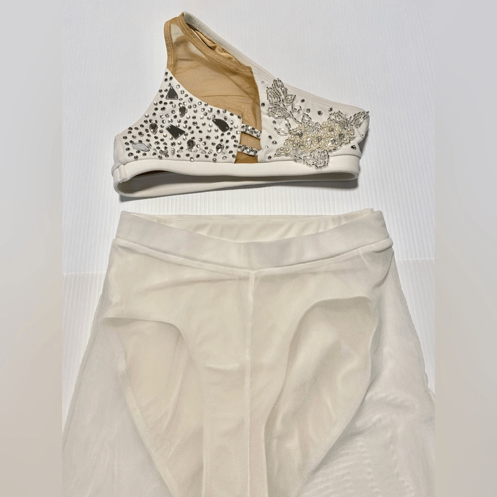 AA dance costume 2 piece set white custom rhinestoned top pants XSA adult LC