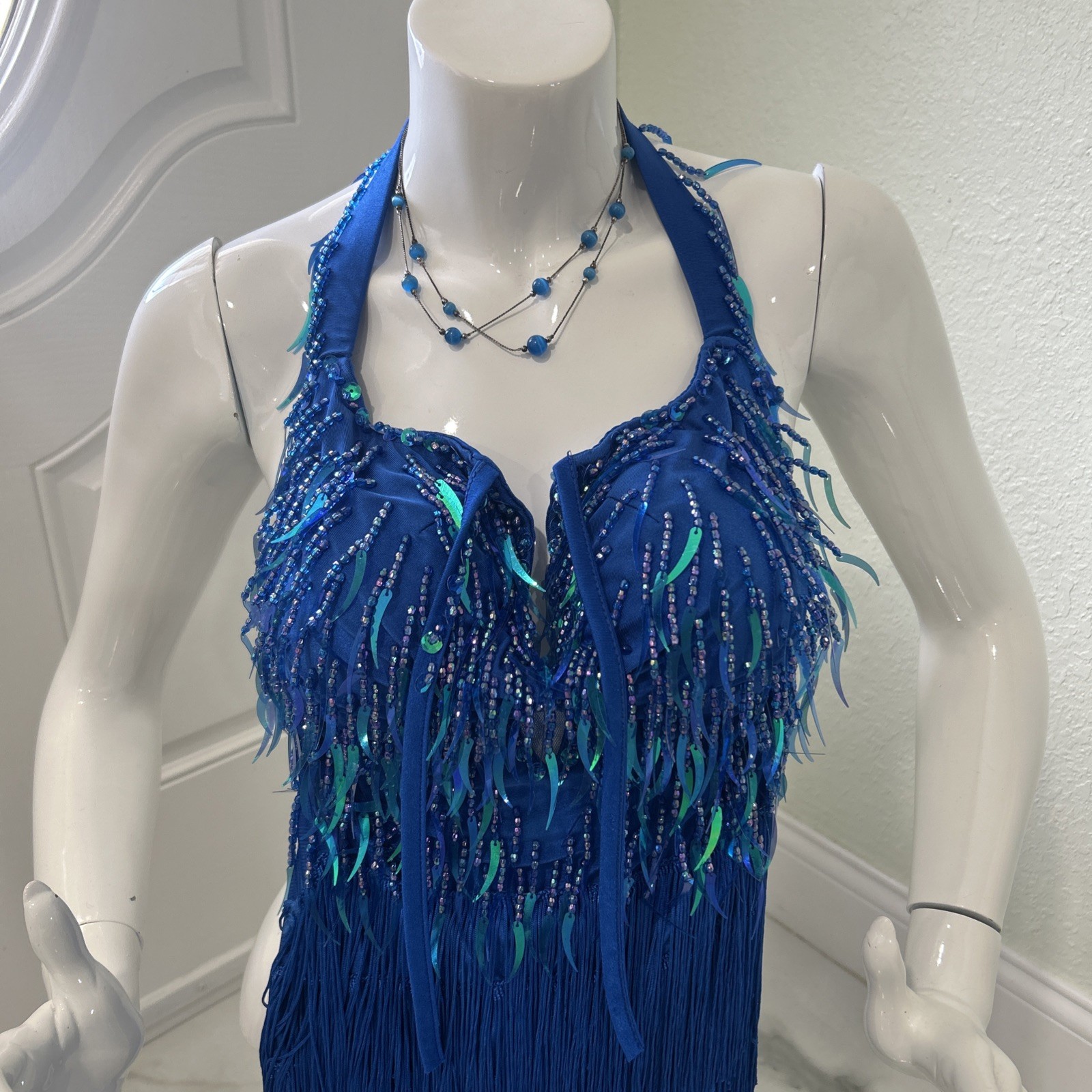 Glamour Costumes Dance Costume Beaded Blue ballroom Size SA Adult Sexy Glitter