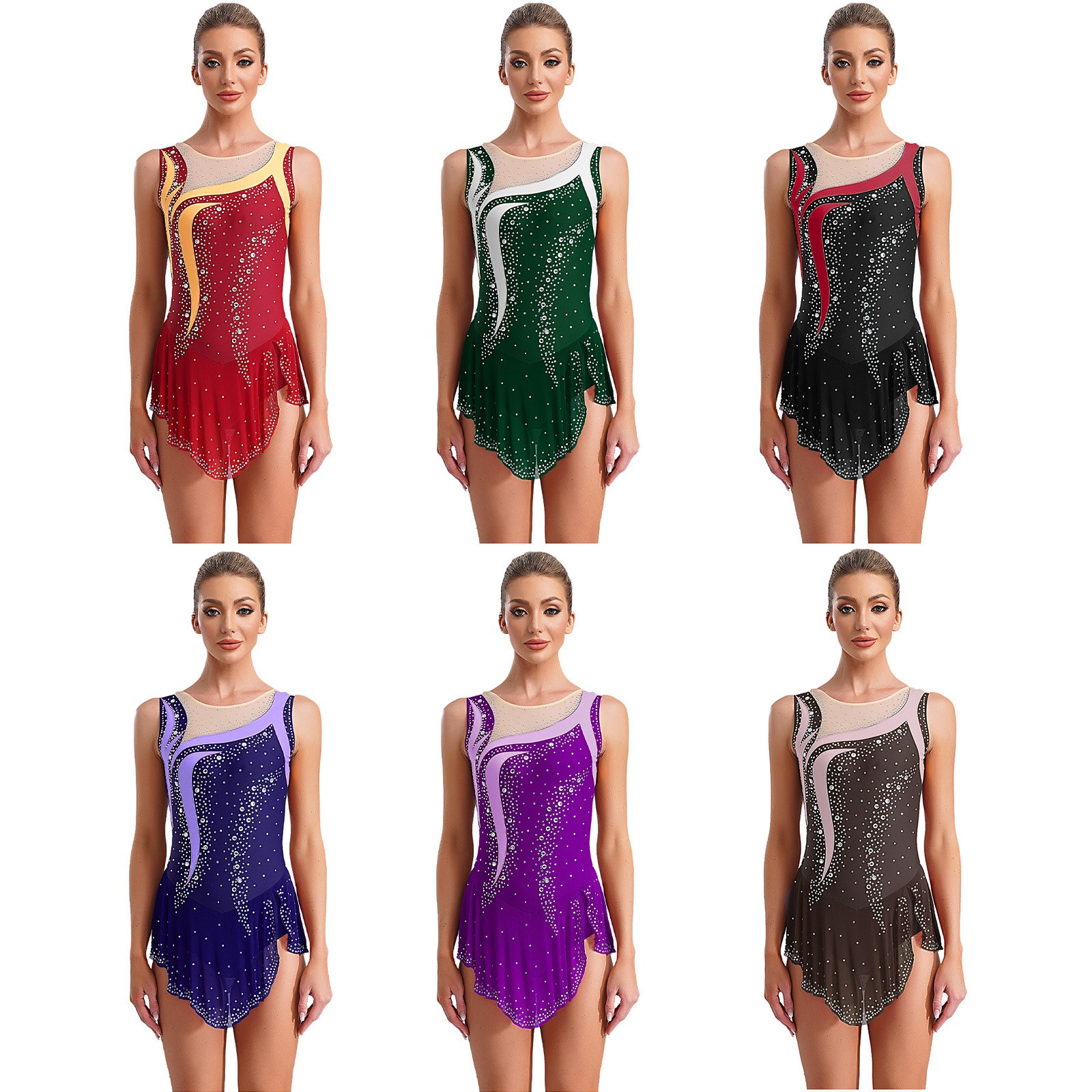 Women Rompers Lyrical Leotard Rhinestone Bodysuit Splice Unitard Gymnastic Mesh