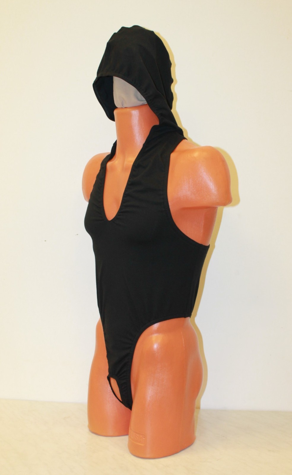 Men Thong Leotard 153-64 Hood Hole Crotch Black Spandex Size L