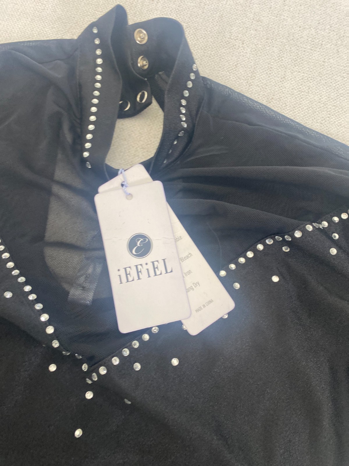 iEFiEL Leotard Catsuit Womens Size M Black Rhinestone Long Sleeve High Neck NWT