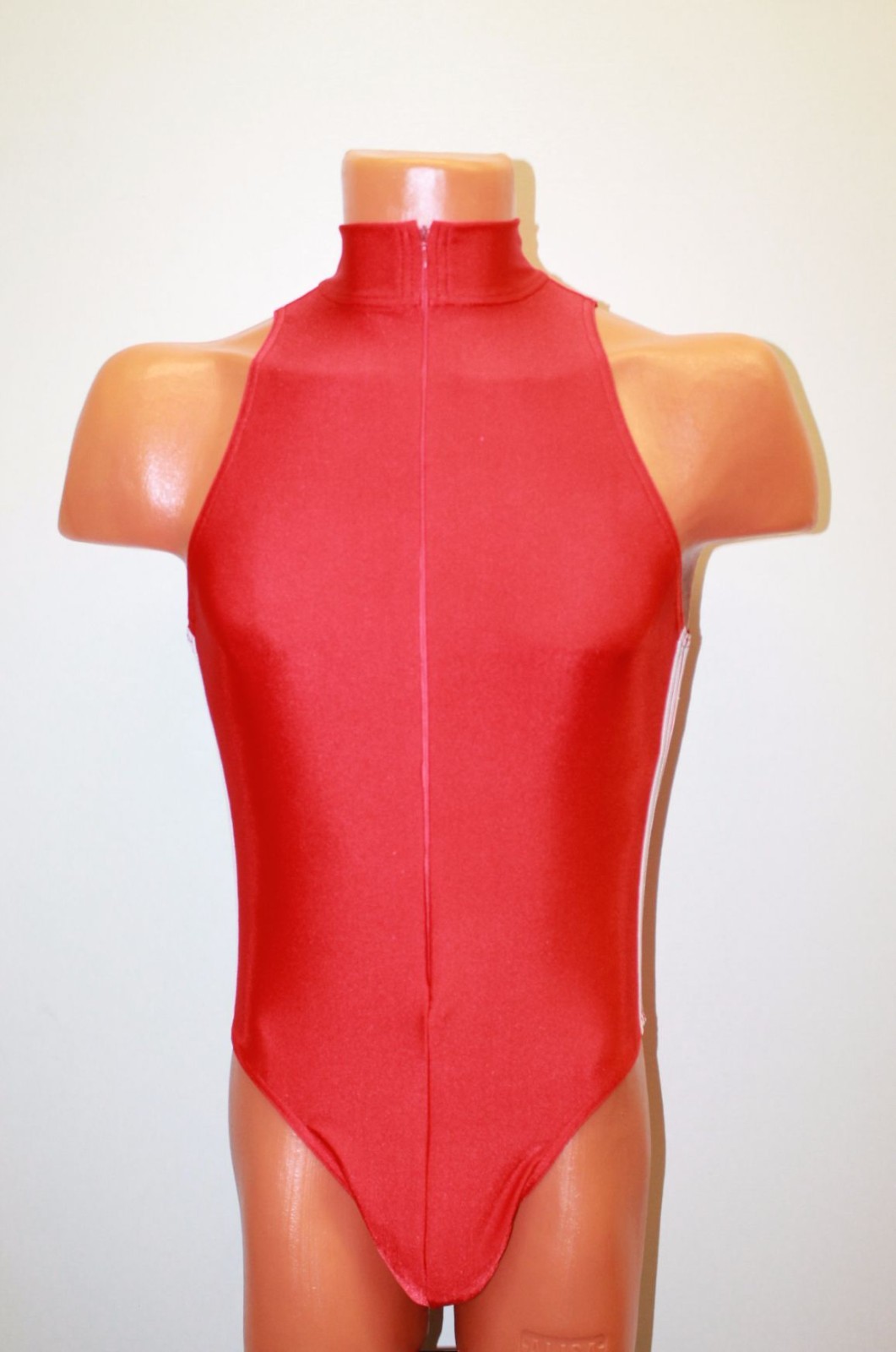Men Leotard 154-78 High Collar Zipper Front Bottom Closed Red Spandex Size L