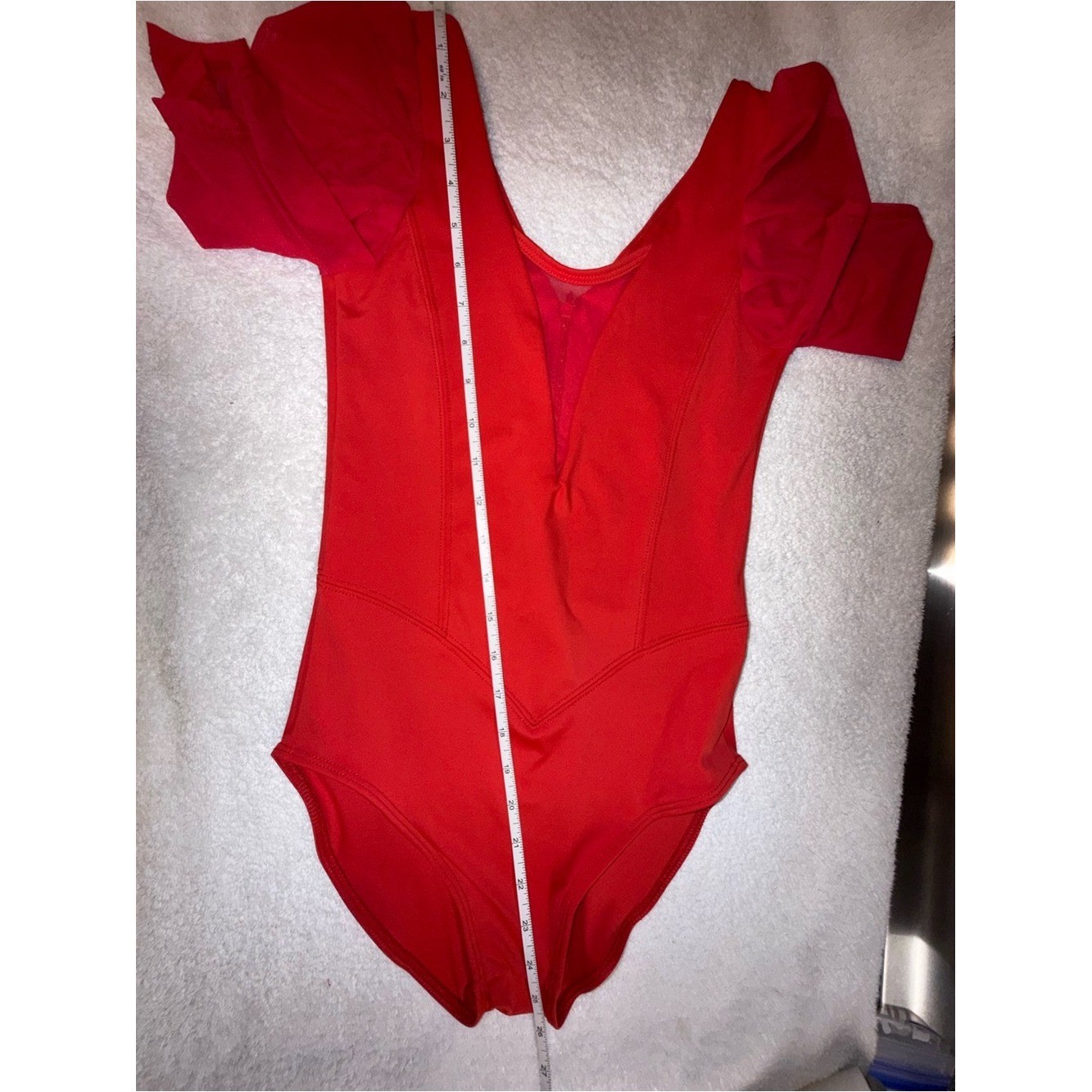Tiger Friday Girls‘ Red Dance Leotard with Sheer Puff Sleeves Size Adult X-Small