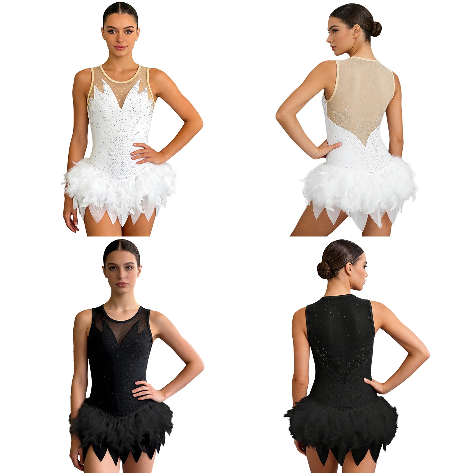 Women Ballet Dance Recital Leotard Elegant Bodysuit Show Rhythmic Feather Trim