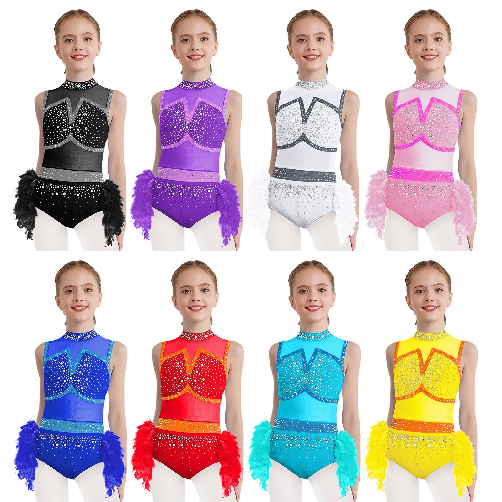 US Kids Girls Dance Leotard Shiny Rhinestones Sleeveless Jazz Latin Bodysuit