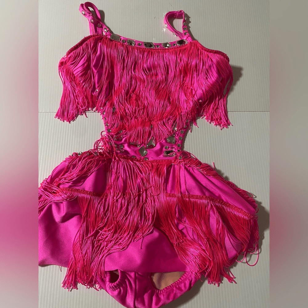 Pumpers solo Custom hot pink fringe dance costume jazz SA-Small adult