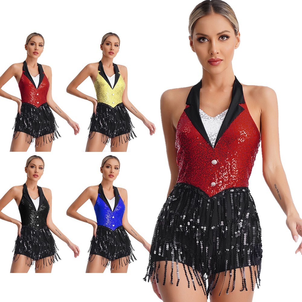 US Womens Jumpsuit Rumba Leotard Latin Dancewear Salsa Dresses Halter Unitards