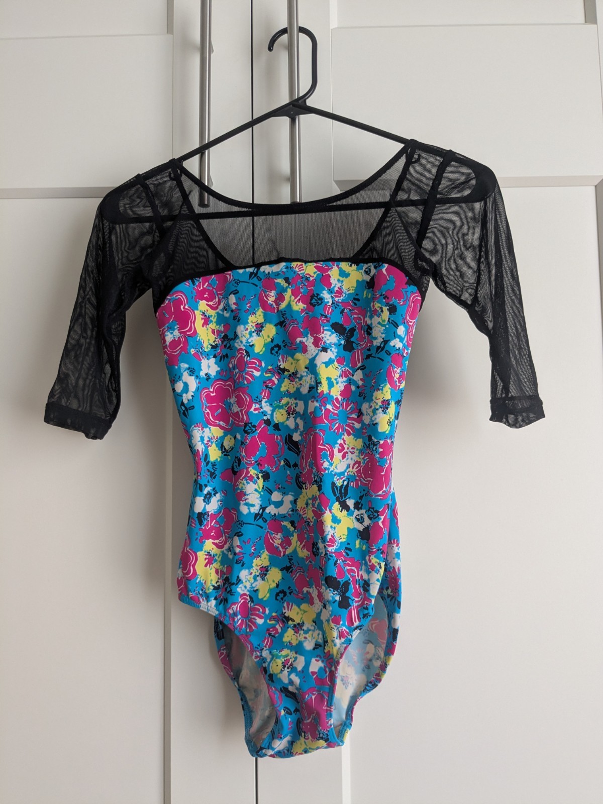 Elevé Women’s Leotard With Mesh Sleeves, Blue & Pink Floral Pattern, Size Small