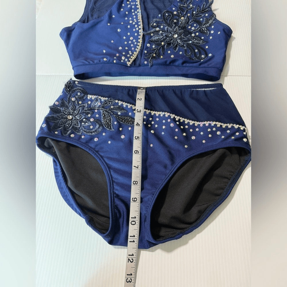 Patrick J designs solo custom dance costume 2 piece navy illusion stoned MA adu