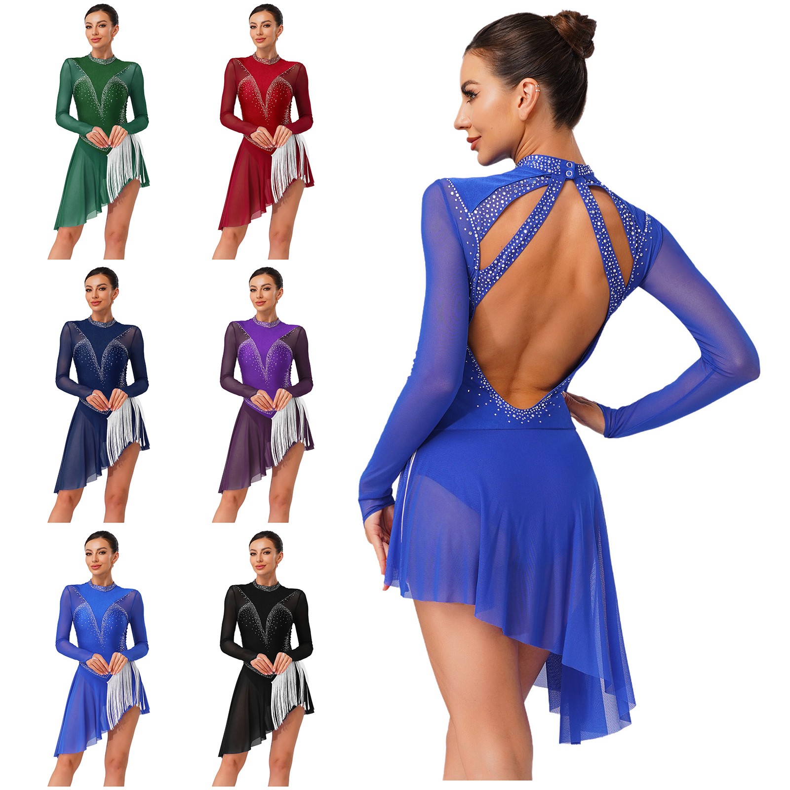 Womens Bodysuit Swing Dress Asymmetric Leotard Patchwork Rhinestone Irregular