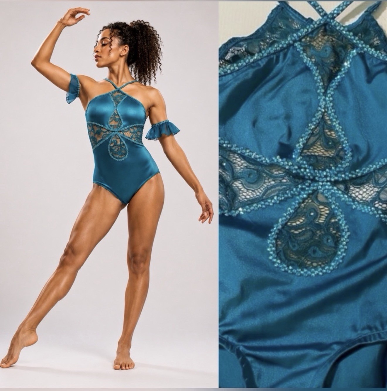 Custom solo Dance Costume teal aqua blue rhinestone Leotard SA-Small adult