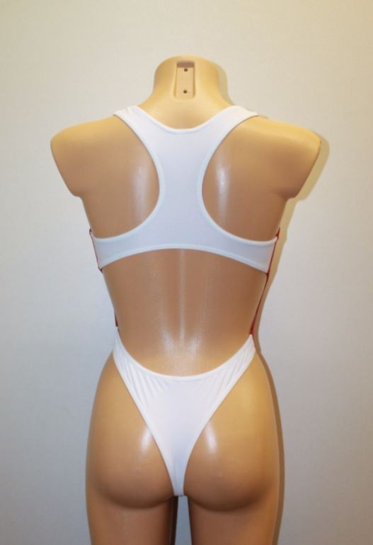 Women Thong One-piece Leotard 202-14 Racerback Open Back White Spandex Size S