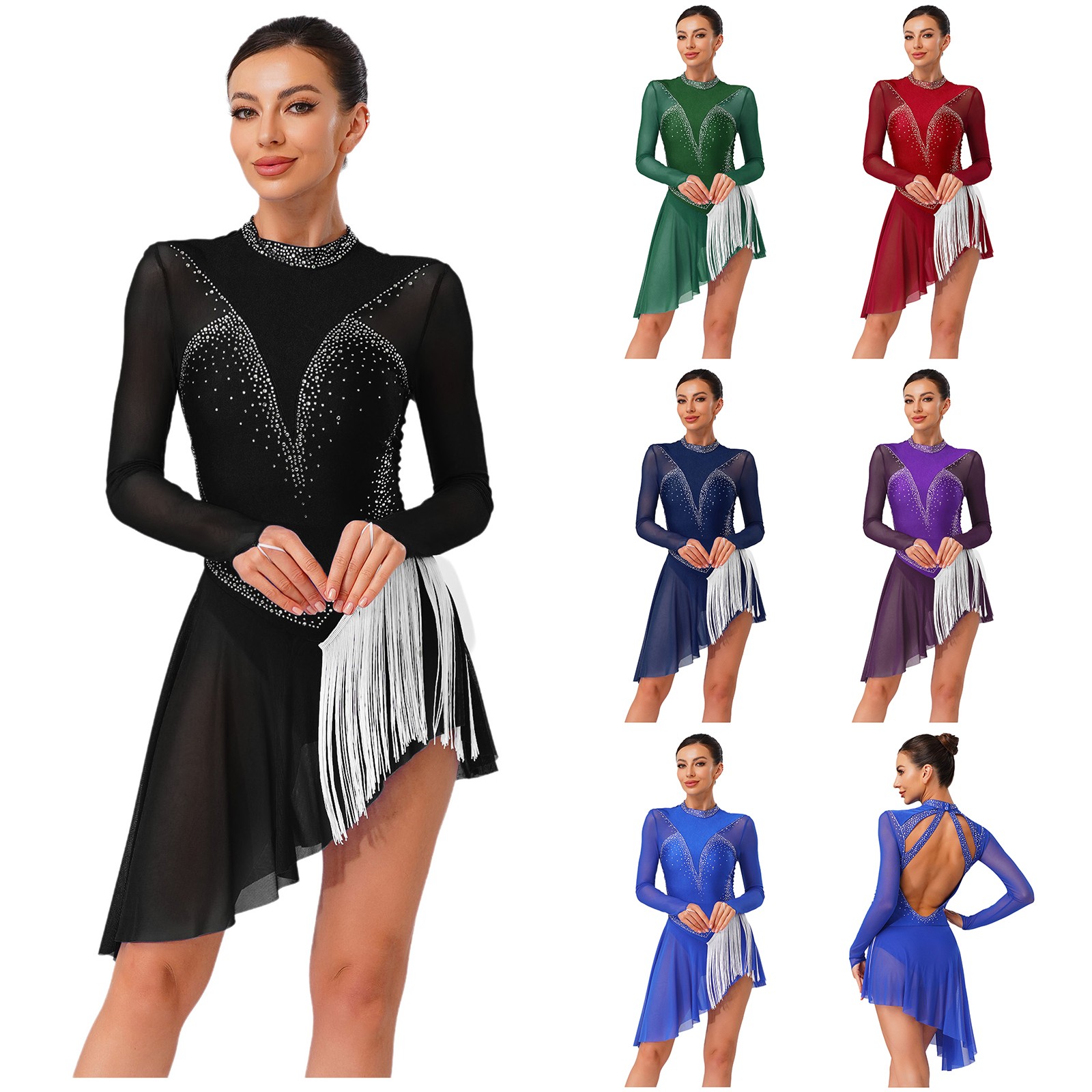 Womens Bodysuit Swing Dress Asymmetric Leotard Patchwork Rhinestone Irregular