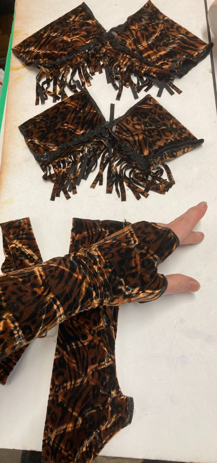Velvet fringed mitts, Gauntlets belt set of 3 pair child adult feline print