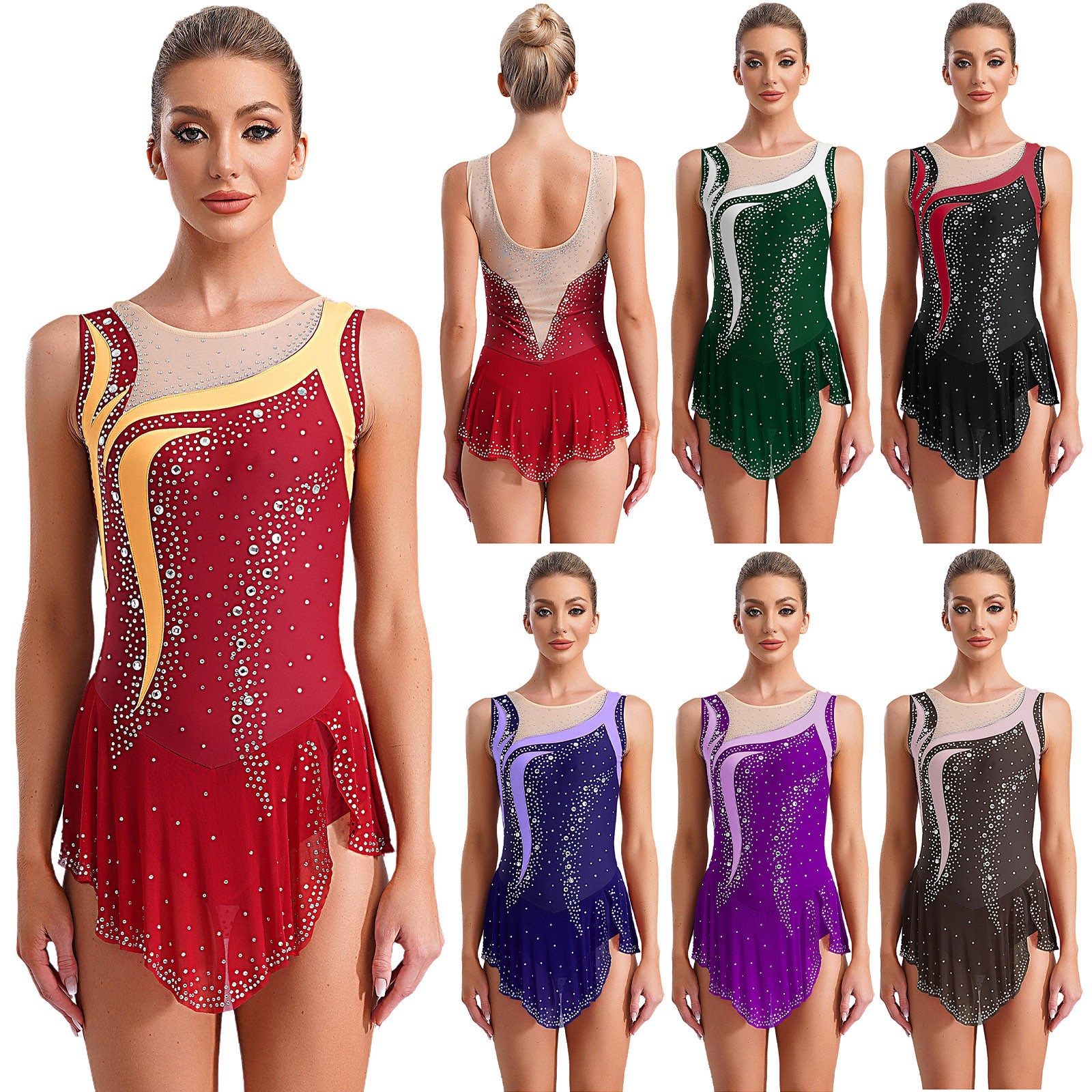 Women Rompers Lyrical Leotard Rhinestone Bodysuit Splice Unitard Gymnastic Mesh