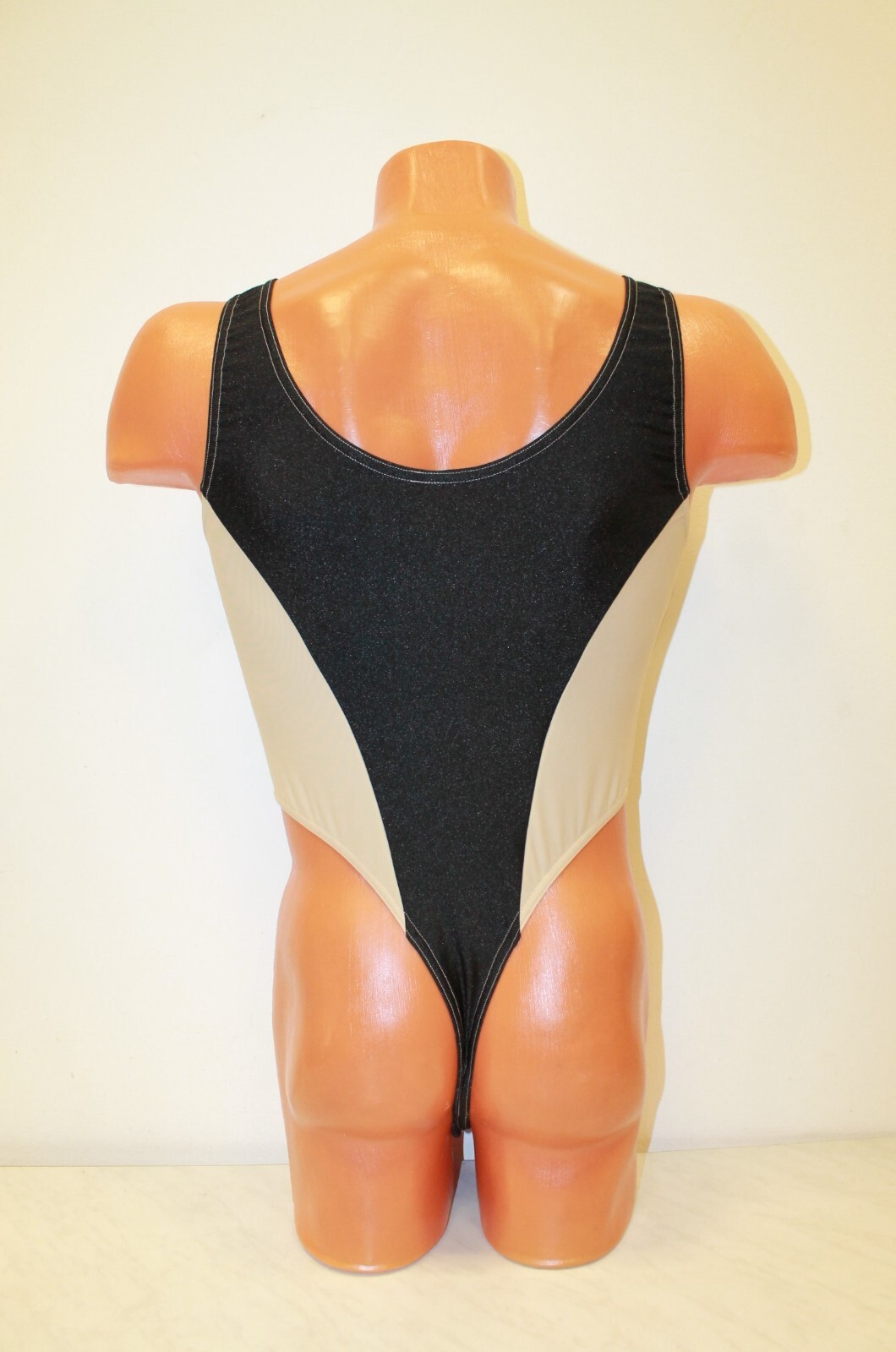 Men Thong Leotard 150-19 Black and Light Brown Color Tan Spandex Size M