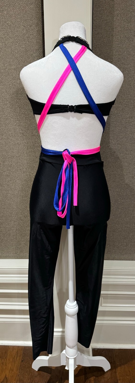 COMPLETELY CUSTOM BLACK UNITARD WITH BRIGHT BLUE AND PINK STRAPS IN AXS