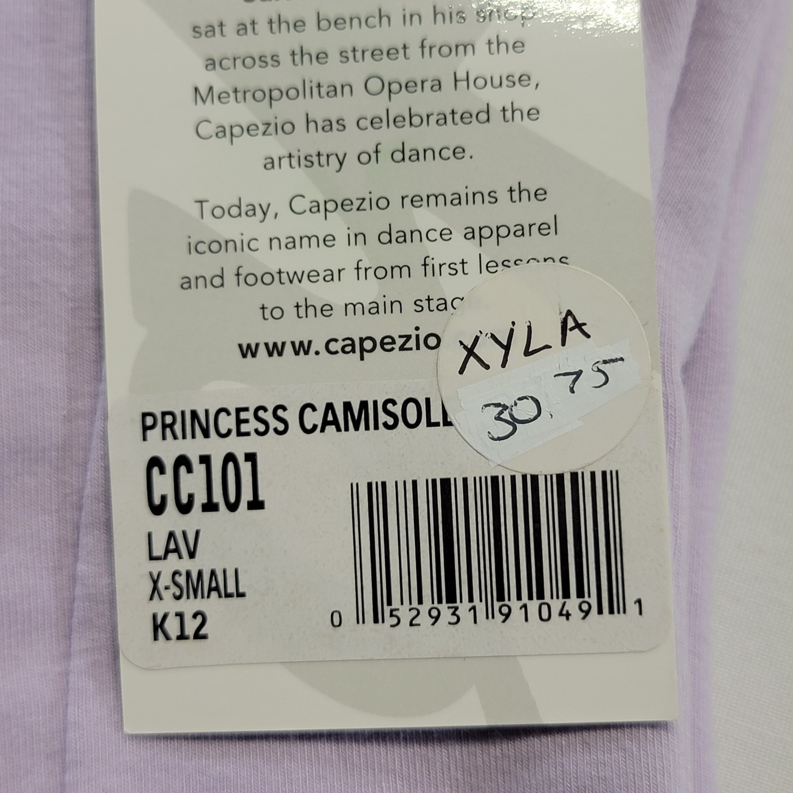 Capezio Princess Camisole Lavender V-front Scoop Back Neckline SZ-XSA