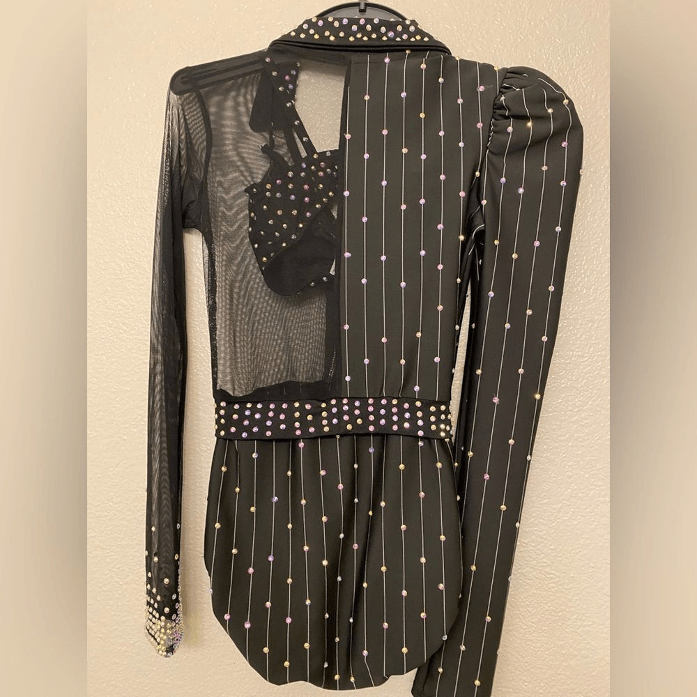 Kelle solo dance costume 2 piece black pin stripe jazz bling 5333 stoned LC
