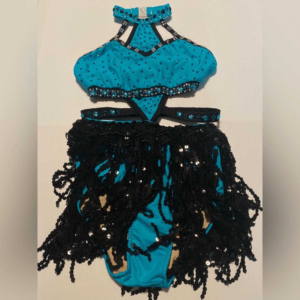 Glamour solo dance costume teal blue rhinestone fringe sassy SA-Small adult