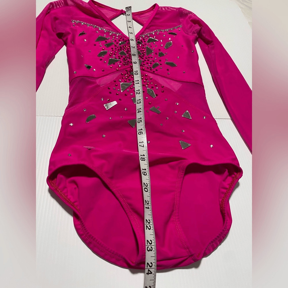 Custom made solo dance costume hot pink rhinestone long sleeve leotard XSA adult