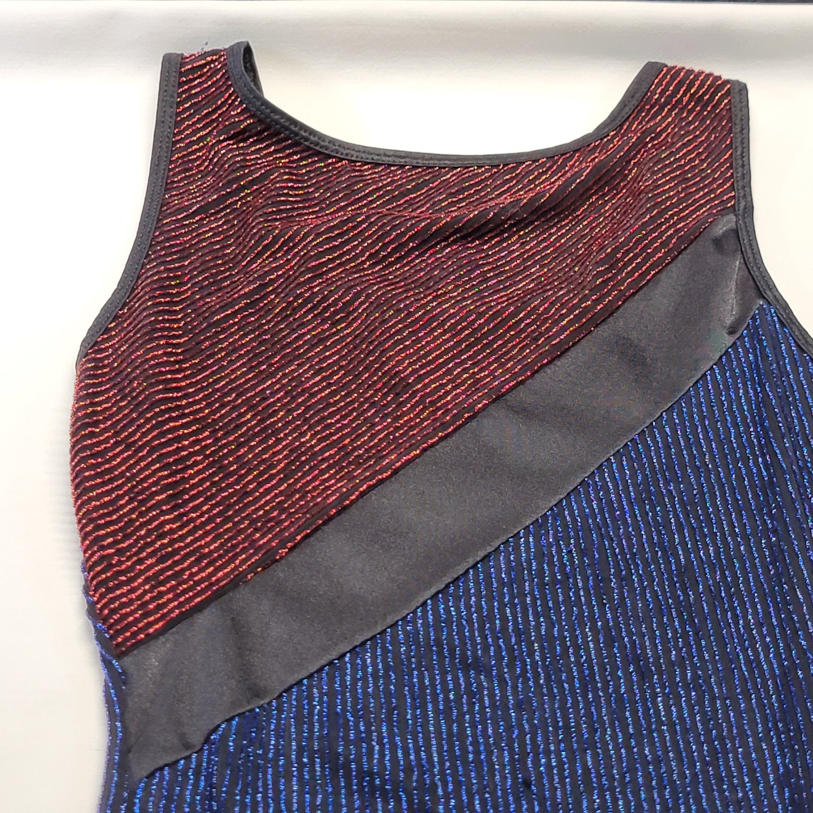 Body Wrappers Leotard Front Top Red Blue Bottom Black Band Blue Back SZ MA