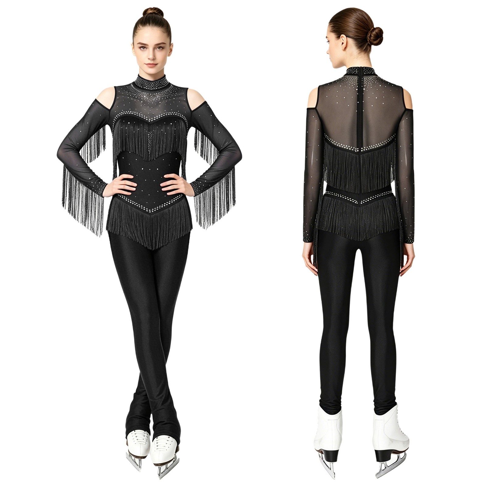 US YiZYiF Lady Figure Skating Jumpsuit Cold Shoulder Rhythmic Gymnastics Leotard