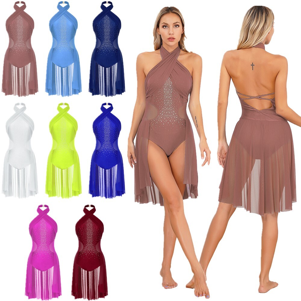 Women’s Dresses Lyrical Bodysuits Mesh Dance Leotards Ruched Rompers Sleeveless