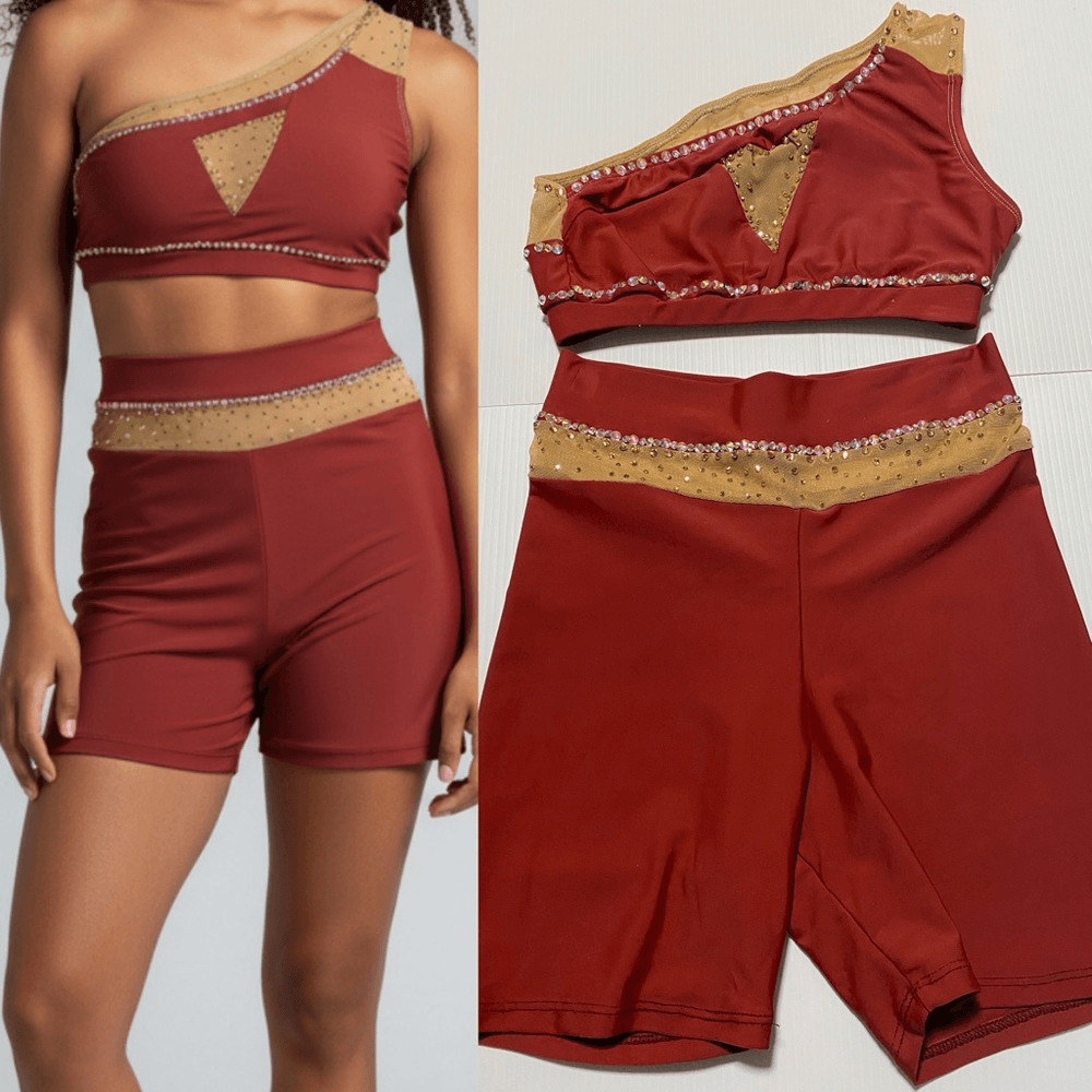 Patrick J designs dance costume solo dark orange red 2 piece top bike shorts XSA